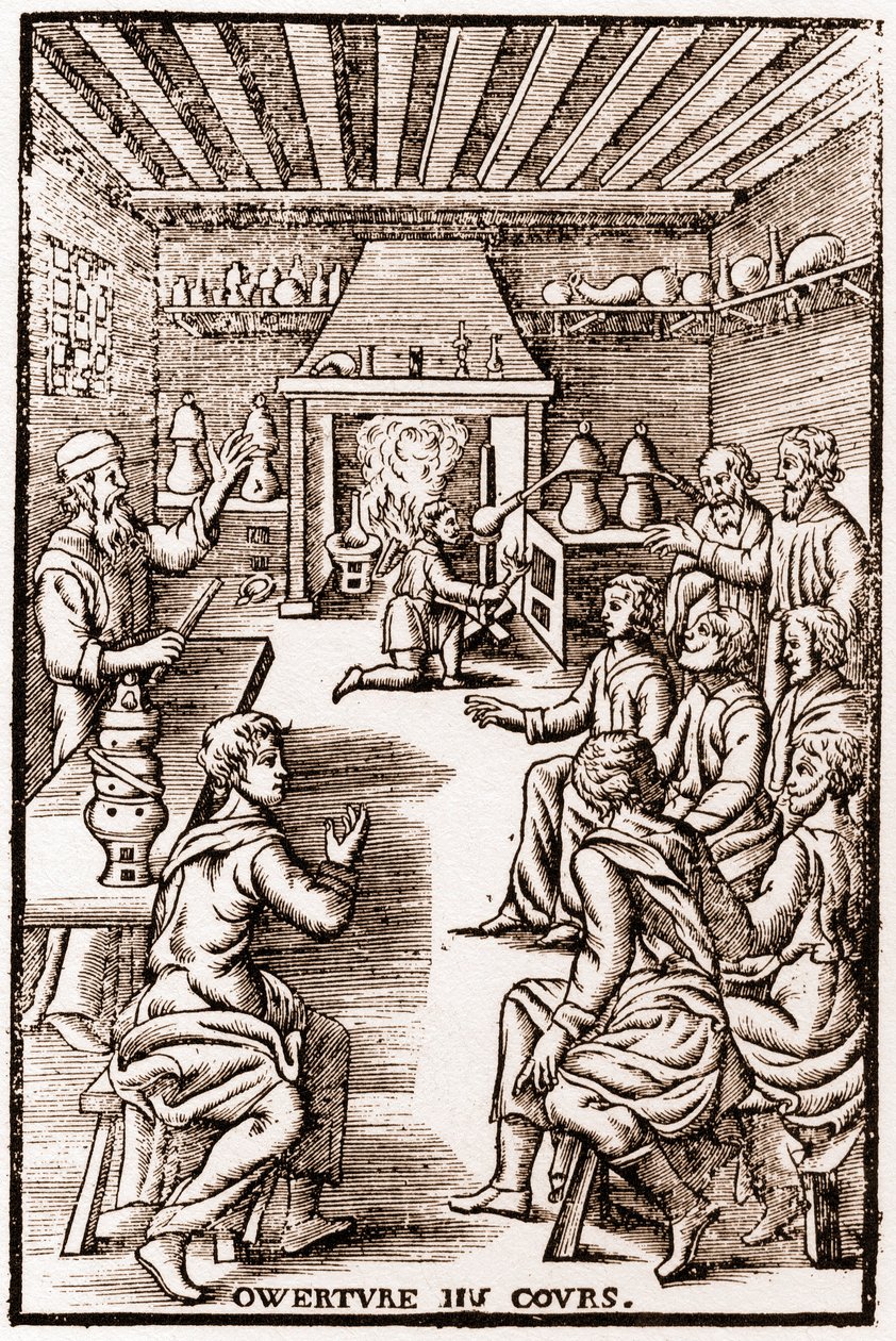 Abertura do curso de química transmutatória - gravura de 1653 em "LE VRAY ET METHOD COURSES DE PHYSICS RESOLUTIVE" por Annibal Barlet de French School