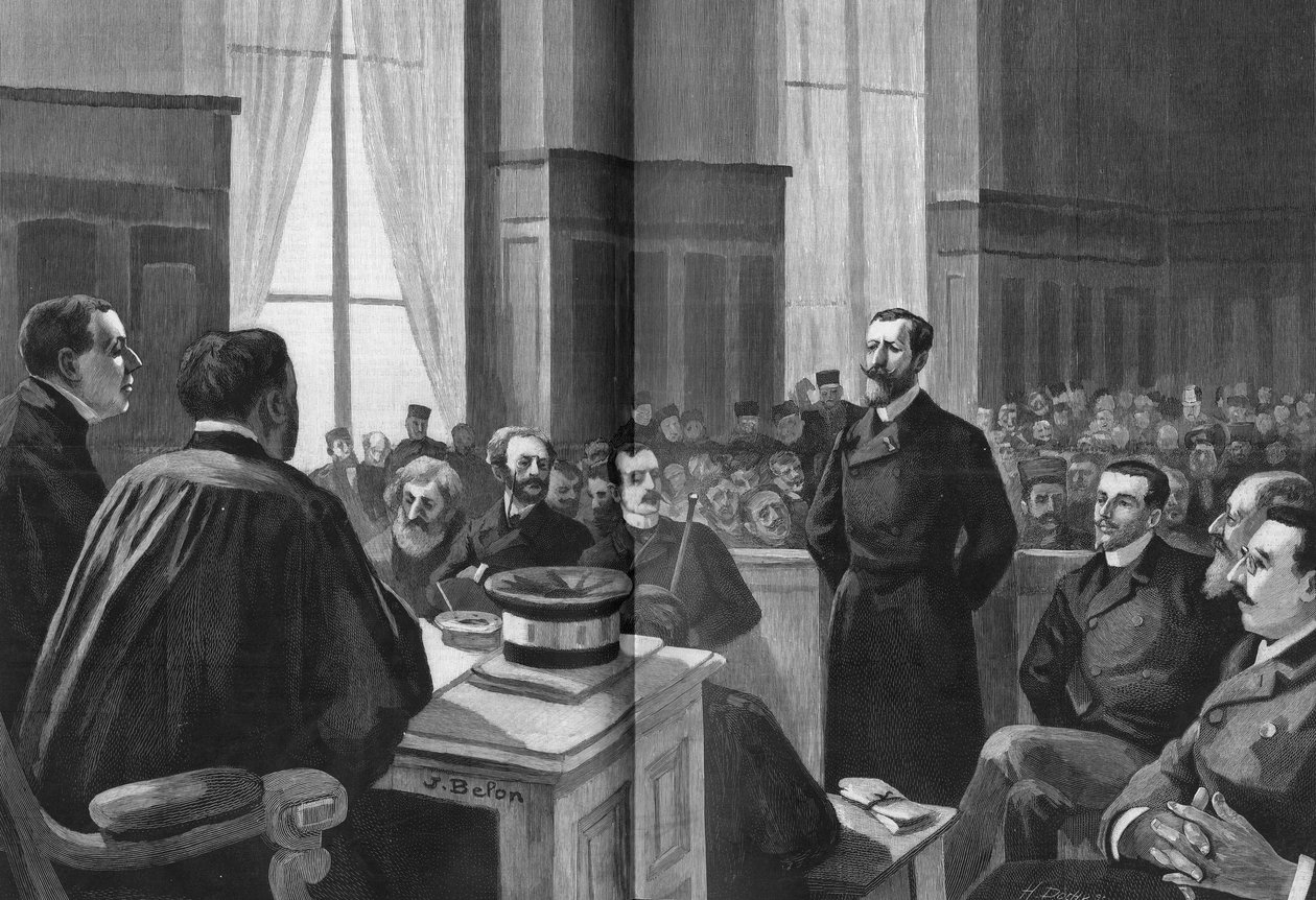 Abertura dos trabalhos da Liga dos Patriotas, em 1889. Presidente Gillet, Naquet, Laisant, Laguerre, Deroulede, Richard, Turquet, Gallian. de French School