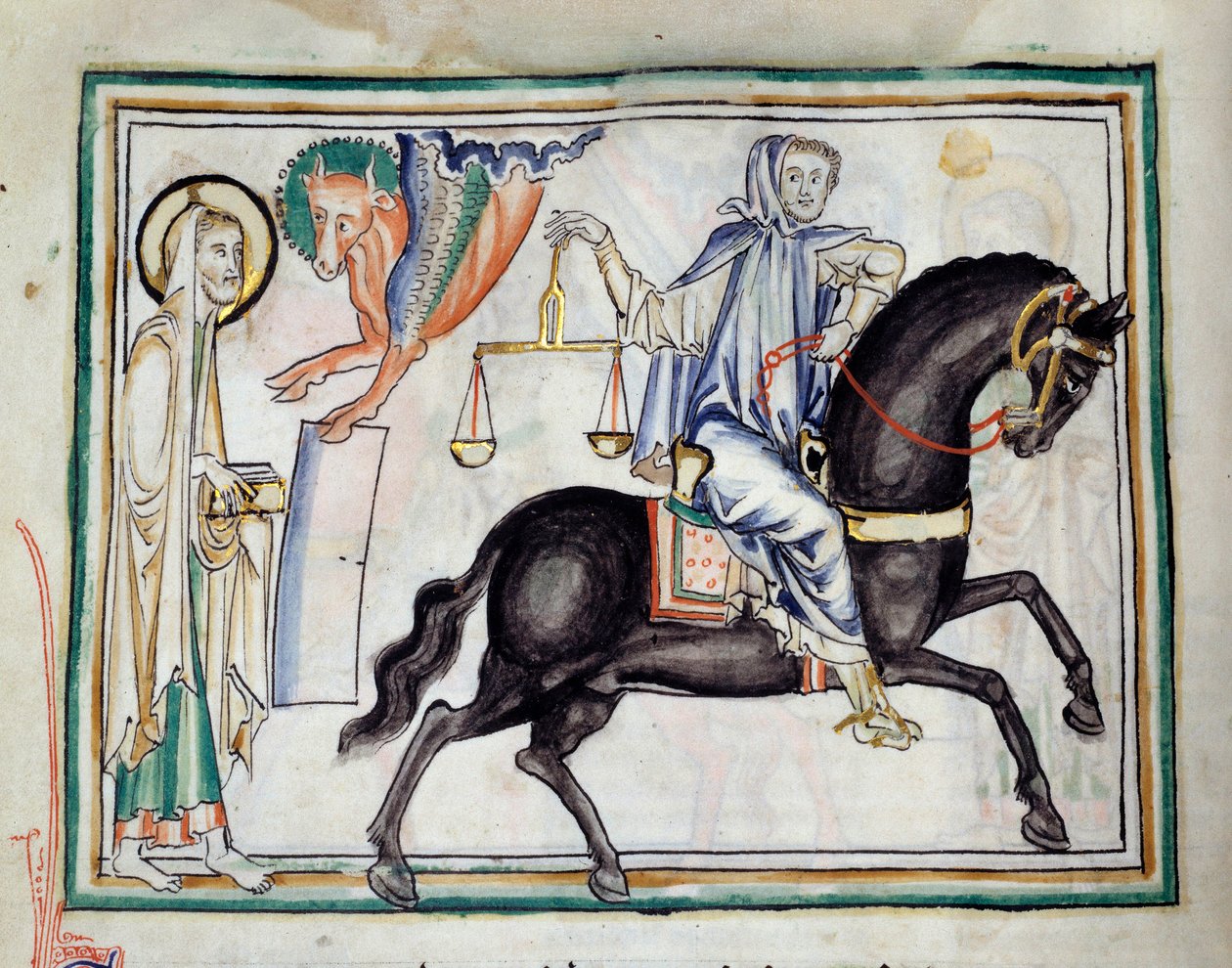 Abertura do terceiro selo: um cavaleiro sobre um cavalo preto segurando uma balança simbolizando a penúria e a fome" Miniatura tirada de "O apocalipse de Cambrai", iluminada pela Escola Francesa do século XIII. Sra. 422. Biblioteca Municipal, Cambrai de French School