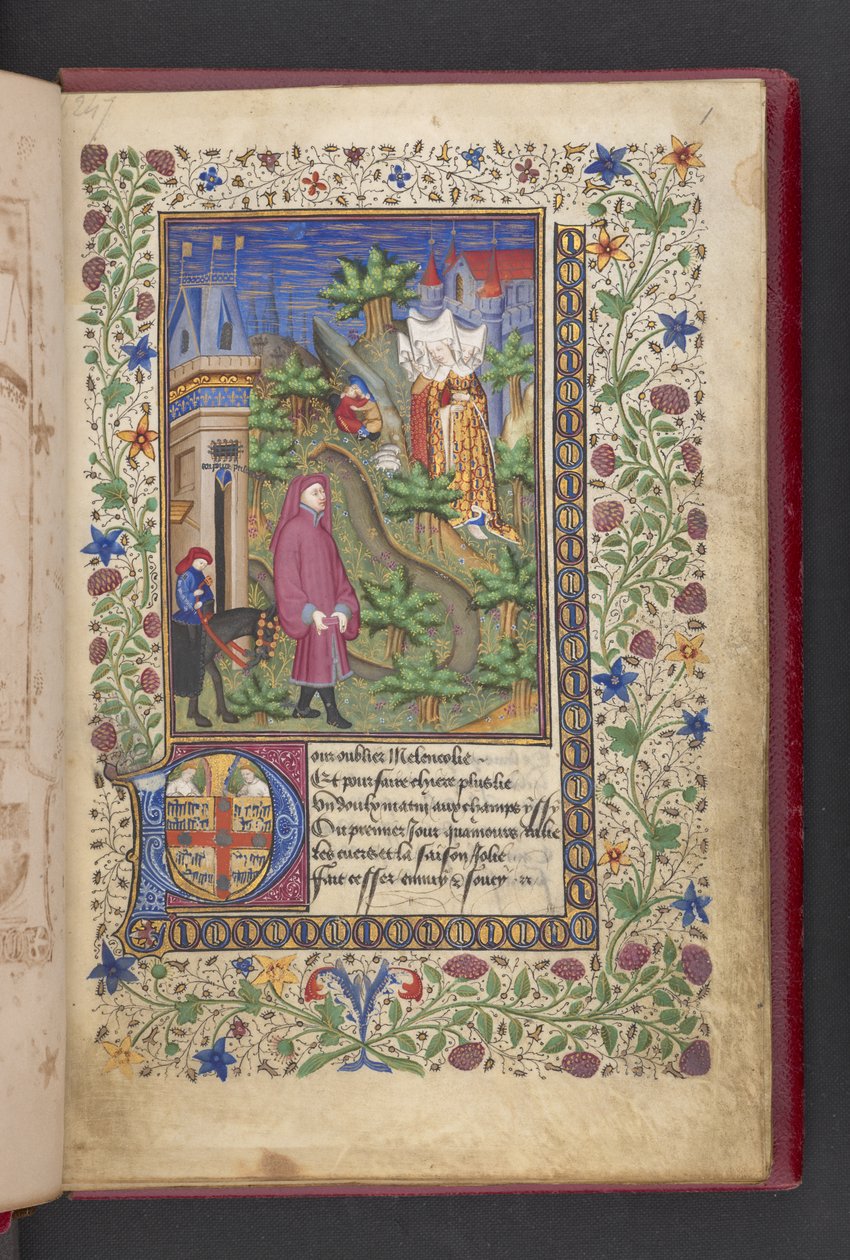Página de abertura. Um cavalheiro numa paisagem, seguido de outro montado num cavalo, com três senhoras.

Le livre des quatre dames; par Alain Chartier. Le livre des quatre
dames; par Alain Chartier.

Chartier, Alain, Não especificado, Secretário de C de French School