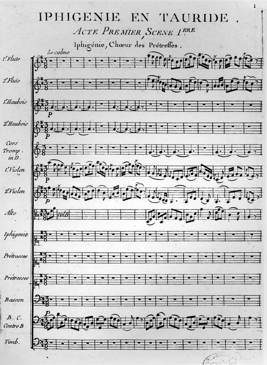 Página de abertura da partitura de Iphigénie en Tauride por Gluck (print) de French School
