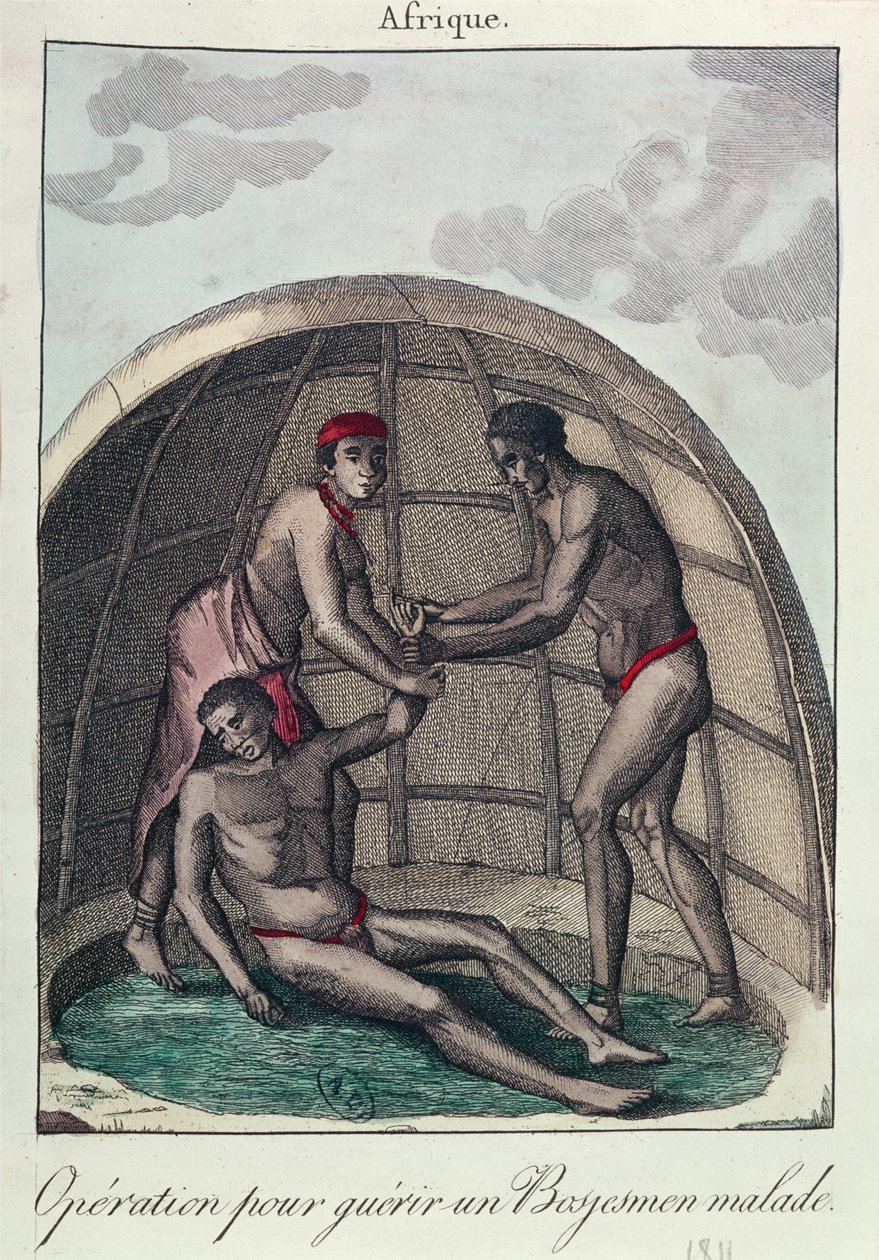 Operação para curar um bosquímano doente, 1811 (gravura a cores) de French School