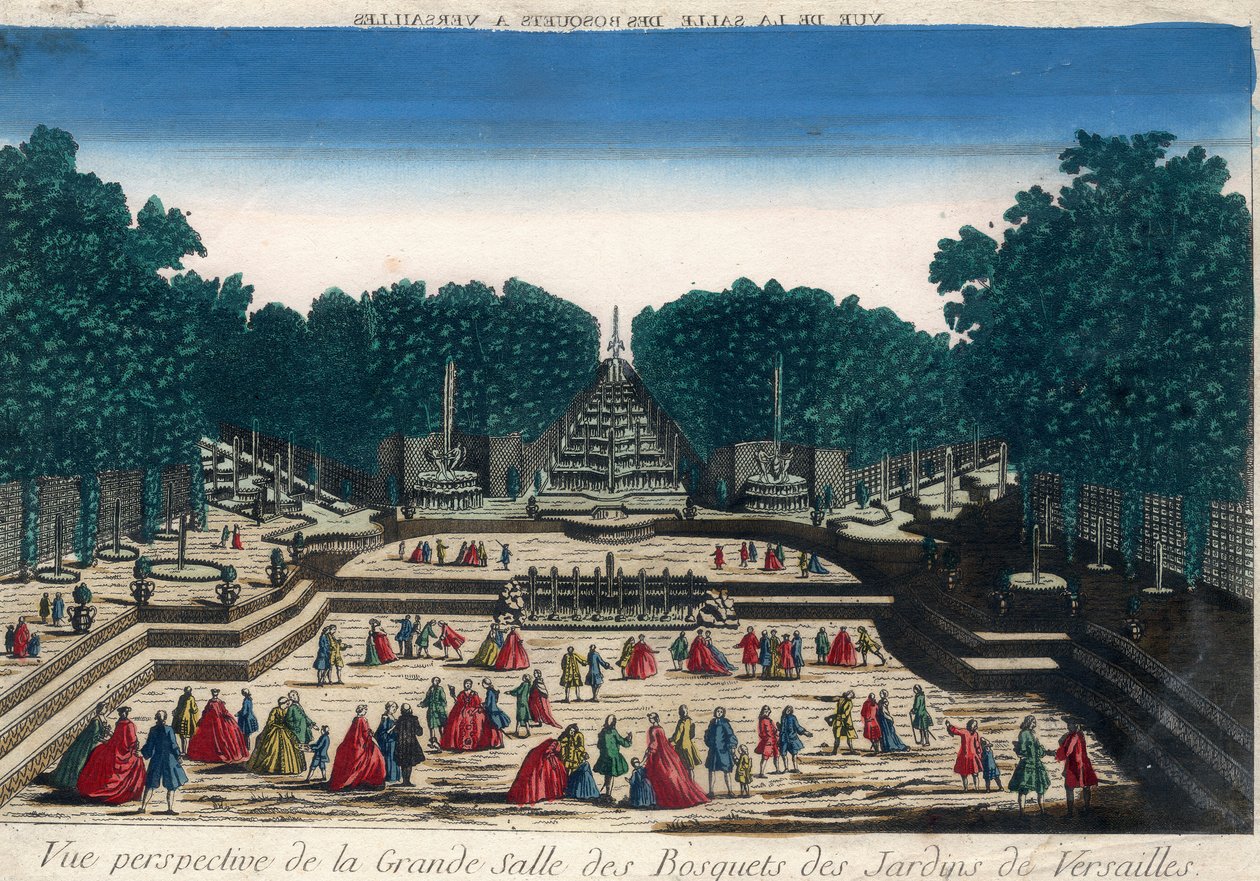 Vista Óptica: Vista em perspectiva do grande salão dos bosques dos jardins de Versailles. Gravura do século XVIII. de French School