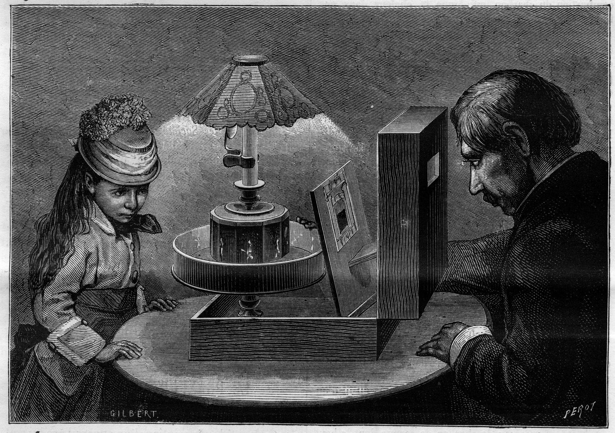 Ilusão ótica: o teatro praxinoscópio, aparelho inventado por Emile Reynaud (1844-1918). Gravura em "La Nature. Revue des sciences et de ses applications aux arts et a l