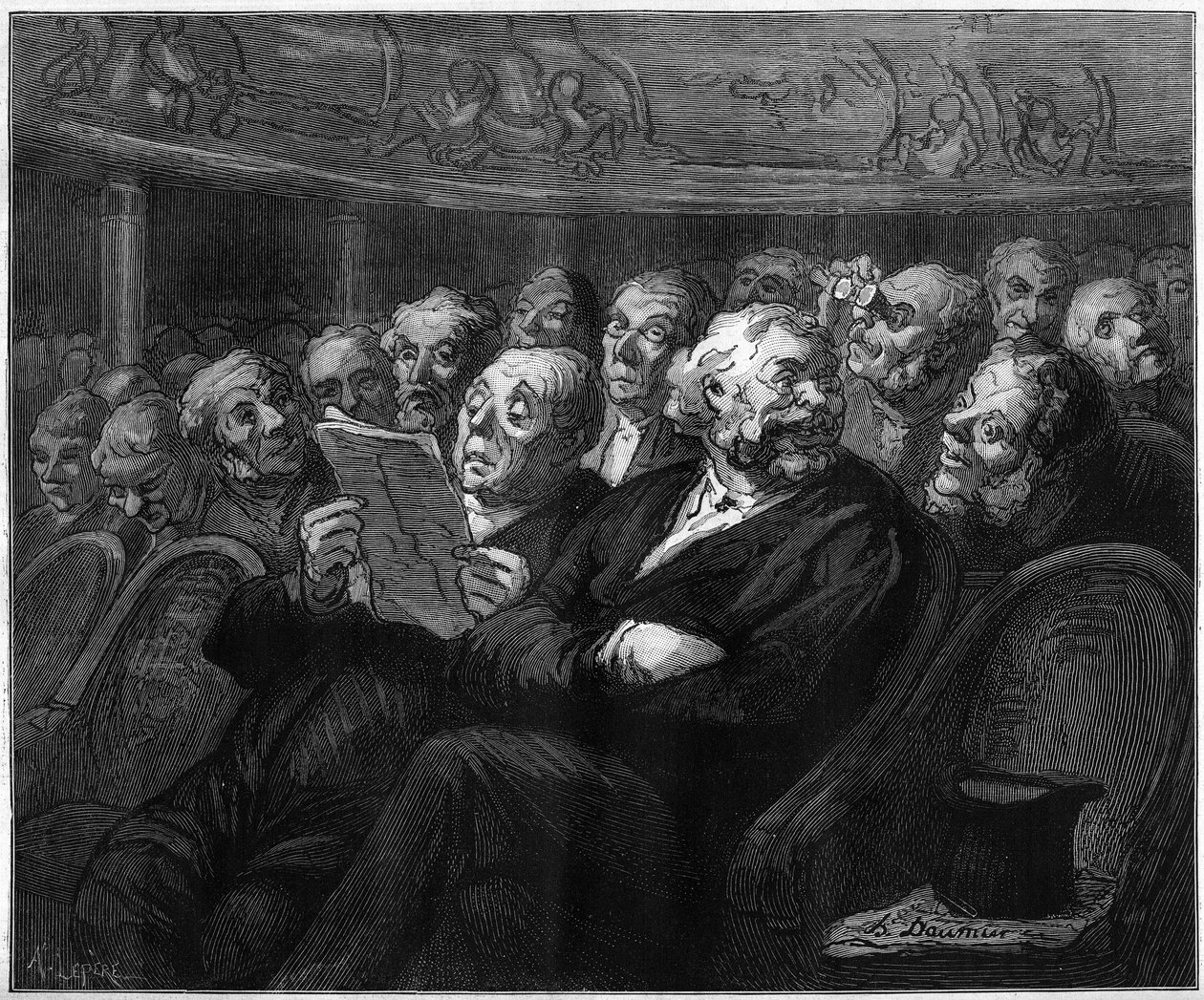Cadeiras de orquestra. Cartoon de Honore Daumier (1808-1879). Gravura em "Le Monde Illustré" n°1101 de 4 de maio de French School