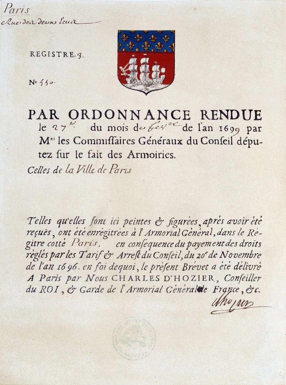 Ordem que estabelece as Armas da Cidade de Paris, 27 de Fevereiro de French School
