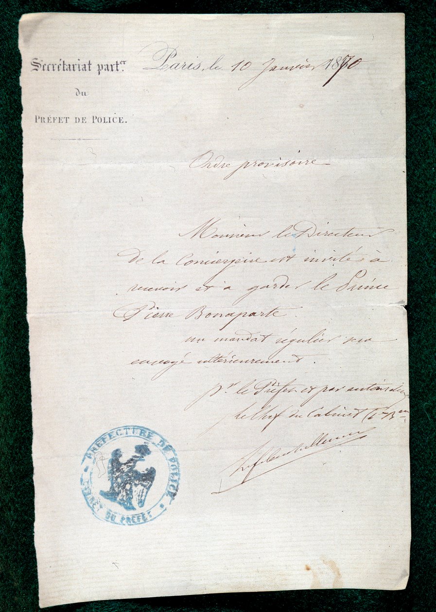 Ordem de encarceramento ao Concierge do Príncipe Pierre Bonaparte (1815-1881) em 10 de janeiro de French School