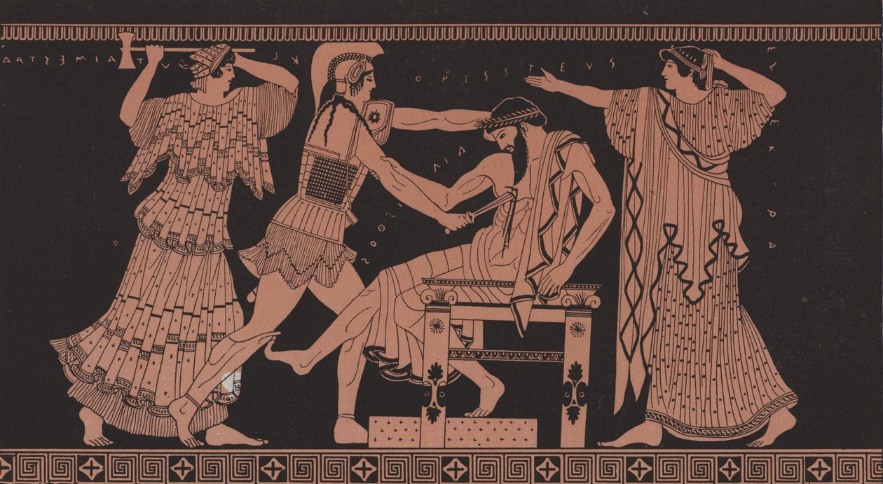 Orestes a matar Egisto (litografia a cores) de French School