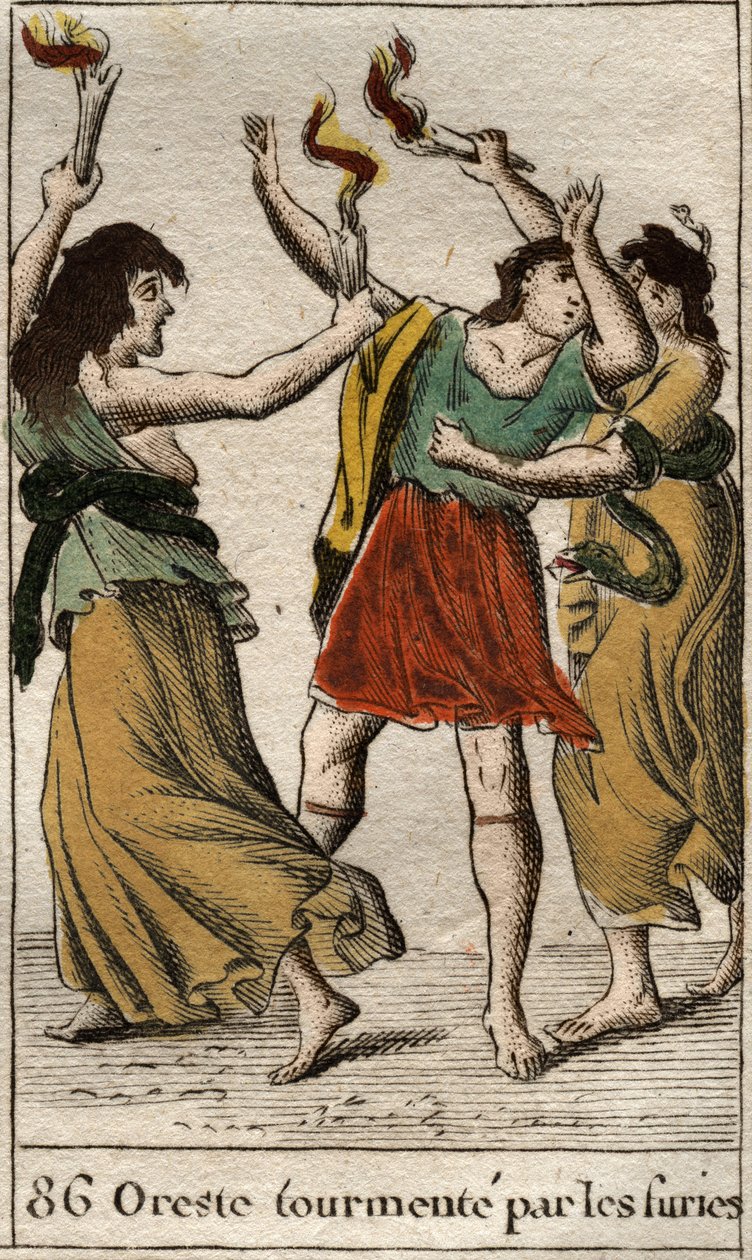 Orestes perseguido pelos Erinyes (ou Fúrias) por vingar a morte de seu pai Agamemnon, matando sua mãe Clytemnestra). De "Mythology of Youth" de Pierre Blanchard 1803. de French School