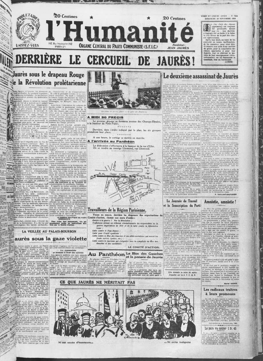 Organizando a transferência de Jean Jaures para o Panteão, Paris, de LHumanite, 23 de novembro de 1924 (impresso) de French School