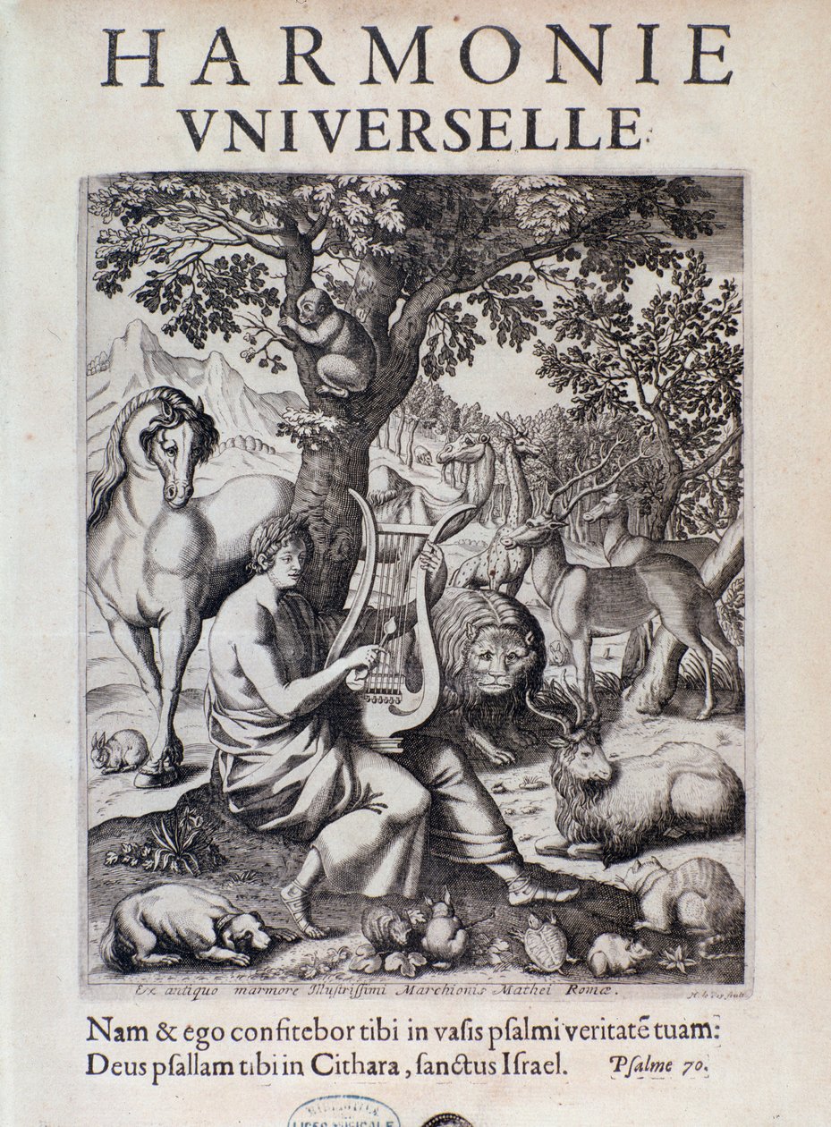 Orfeu a tocar para animais. Frontispício da Harmonie universelle de Marin Mersenne de French School