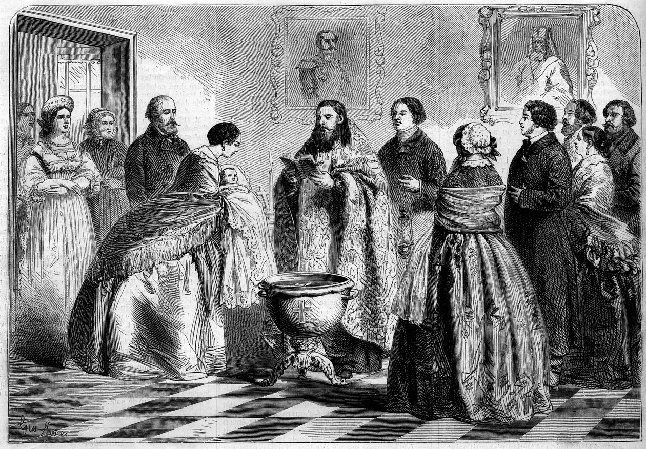 Rito ortodoxo - batismo: cerimônia de batismo, segundo o rito grego, na alta sociedade russa, em 1858. A criança está presente ao Papa por sua madrinha antes de ser imersa no batistério. Gravura no "Le Monde Illustré" n°81 de 30 de Outubro de French School