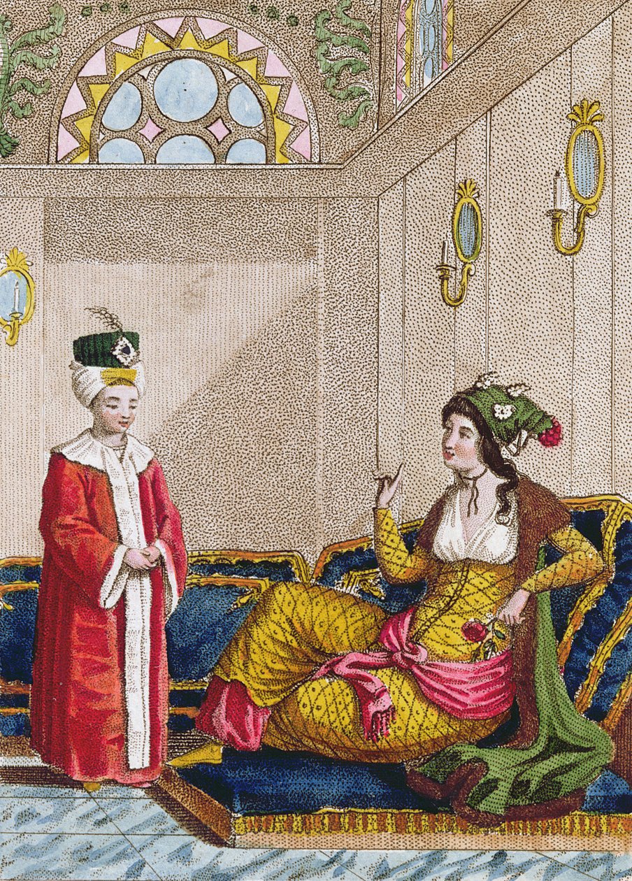 Príncipe herdeiro otomano com seu favorito Sultana, c.1813 (gravura de cor) de French School