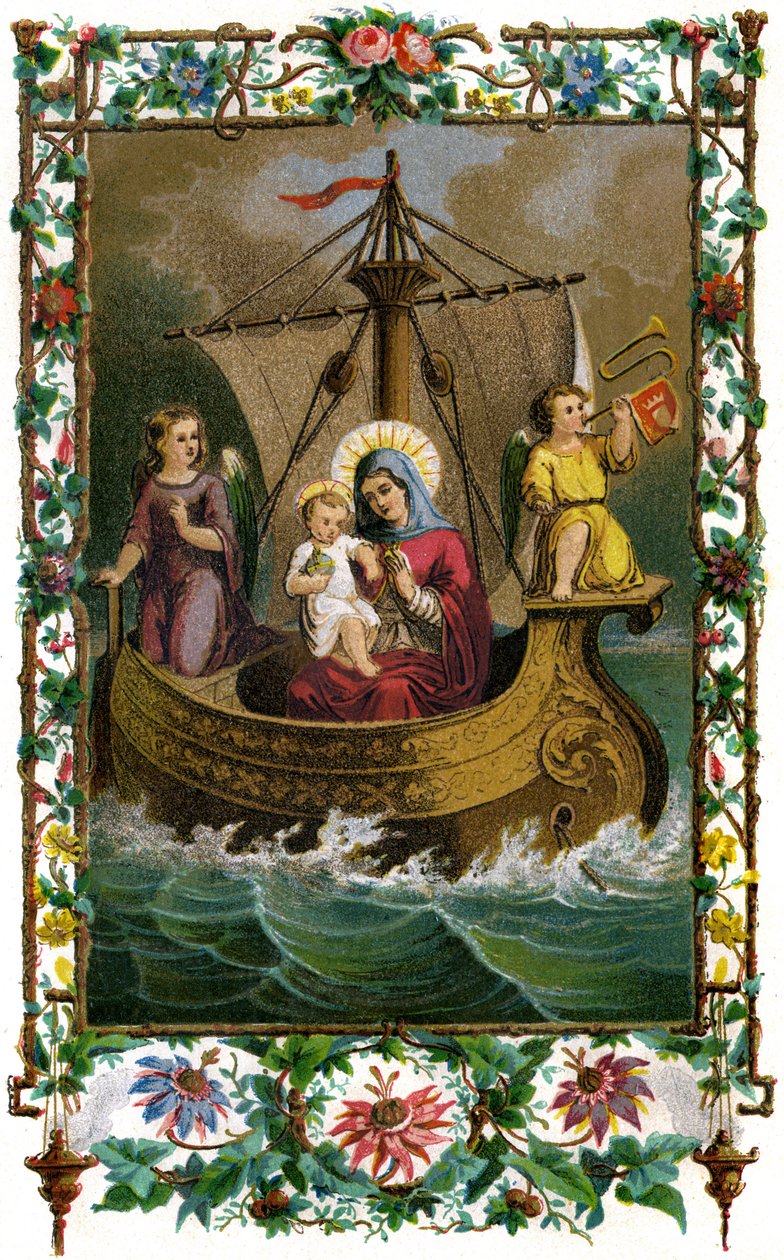 Nossa Senhora de Boulogne, a Virgem Maria e o Menino Jesus (Cristo) numa barca no mar de French School