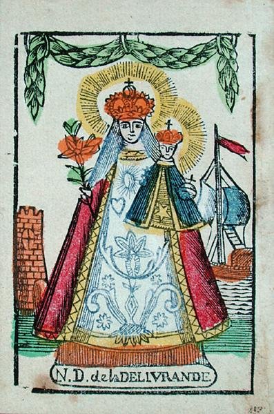 Nossa Senhora de Delivrande, lembrança de pilgramação, c.1820-30 (impressão a cores de bloco de madeira) de French School