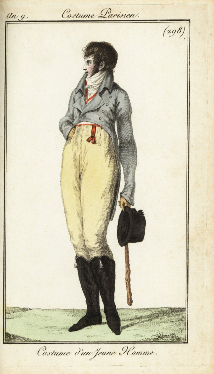 Fato de um jovem ou Incroyable, Maio de 1801 (gravação em chapa de cobre colorida à mão) de French School