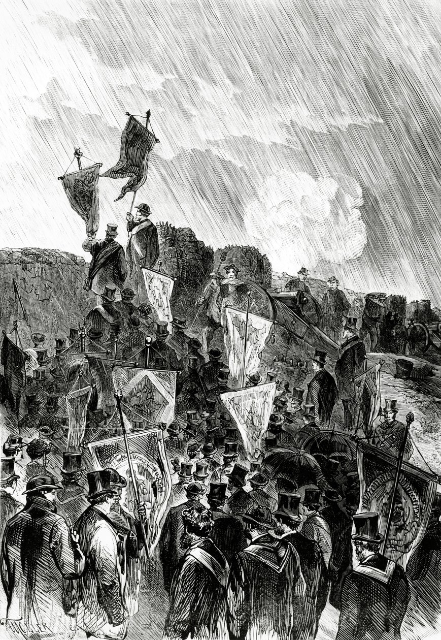 Manifestação Pacifista sobre as fortificações dos maçons em 28 de abril de 1870 para exigir a cessação do bombardeio de Paris, do Le Monde Illustré, 5 de maio de 1870 de French School