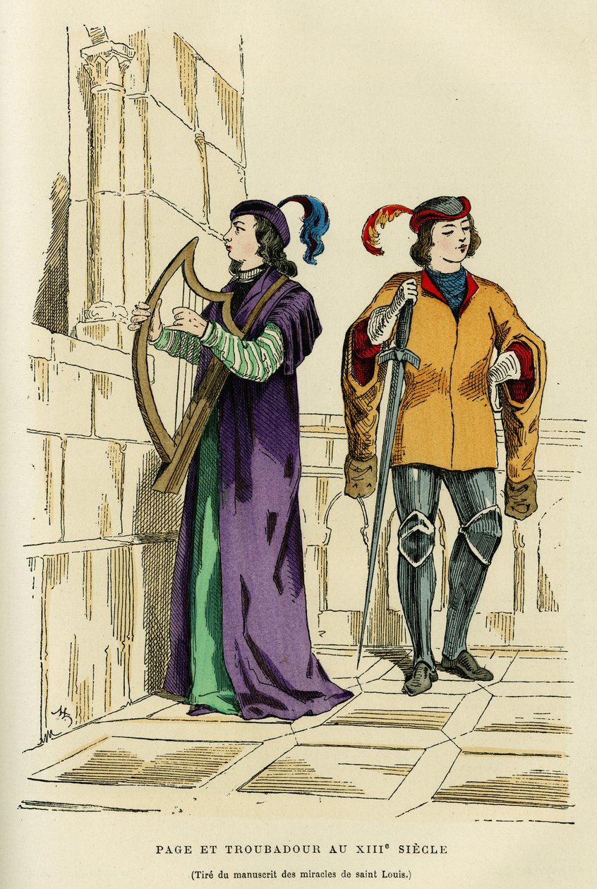 Página fatos e trovadores no século XIII. Gravura a cores depois de um desenho do manuscrito dos milagres de Saint Louis (Louis IX 1214-1270), em "France et les francais à travers les centuries" de Augustin Challamel, editor F.Roy, Paris 1882. S de French School
