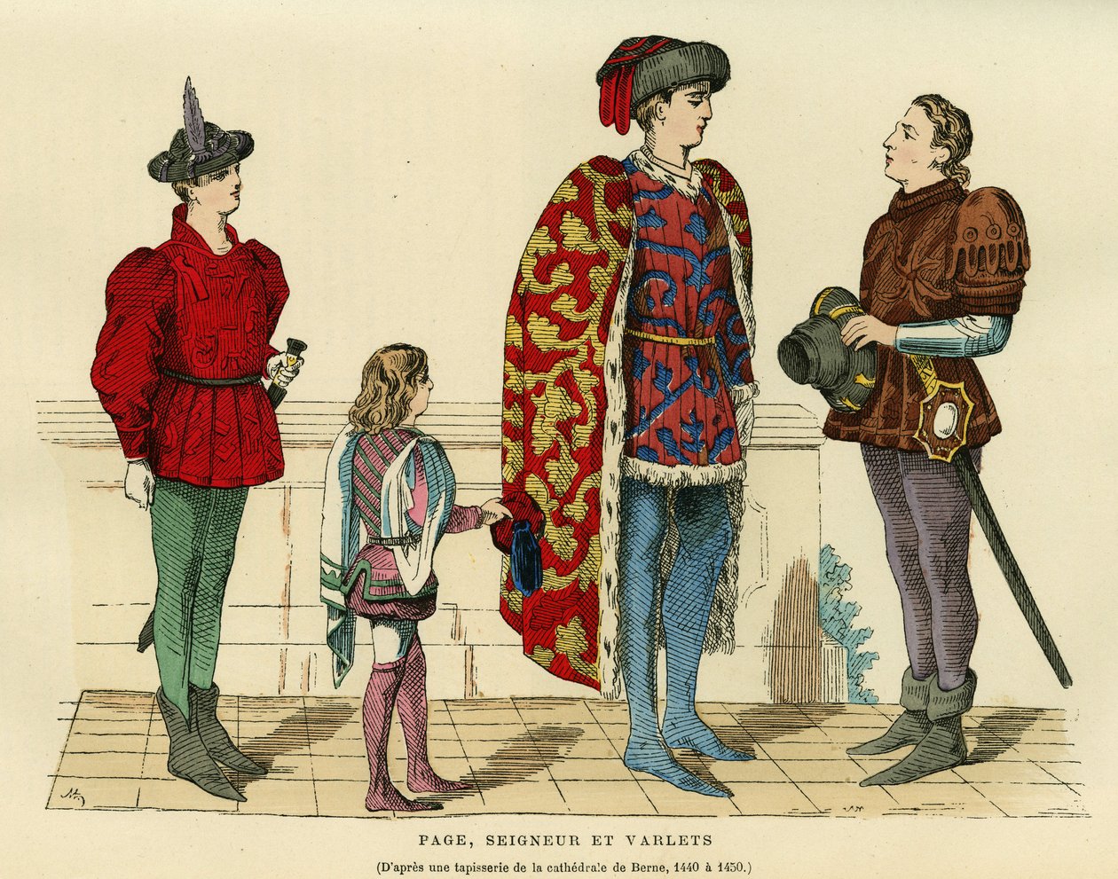 Fatos de página, lorde e varlet no século XV. Gravura em cores depois de uma tapeçaria da catedral de Berna 1440-1450, em "France et les francais a travers les centuries" de Augustin Challamel, editor F.Roy, Paris 1882. Coleção Selva. de French School
