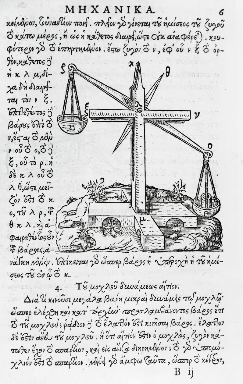 Página de Mhxanika, reprodução do manuscrito grego de Aristóteles (384-322 a.C.), publicado em Paris de French School