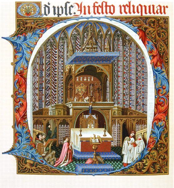 Página de uma edição fac-símile do "Missel de Jouvenel des Ursins" com um "D" inicial Historiated retratando a exposição de relíquias na Sainte-Chapelle, Paris no século XV (cor litho) de French School