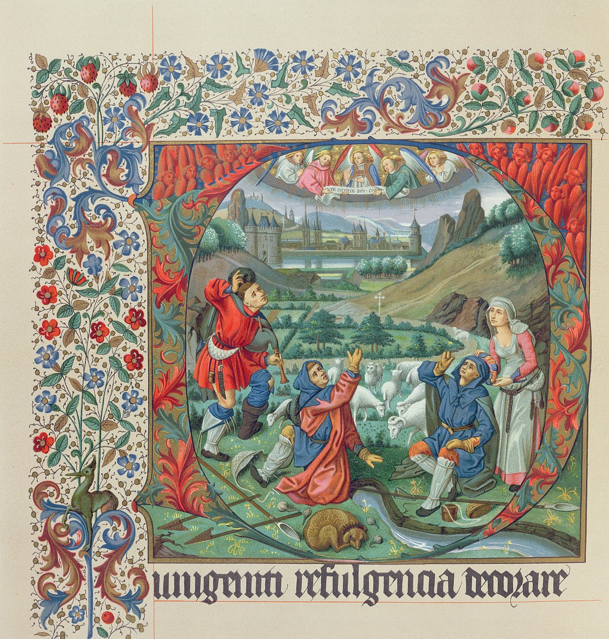 Página de uma edição fac-símile do Missel de Jouvenel des Ursins com uma inicial de Historiated e uma vista de Paris e do Sena no século XV de French School