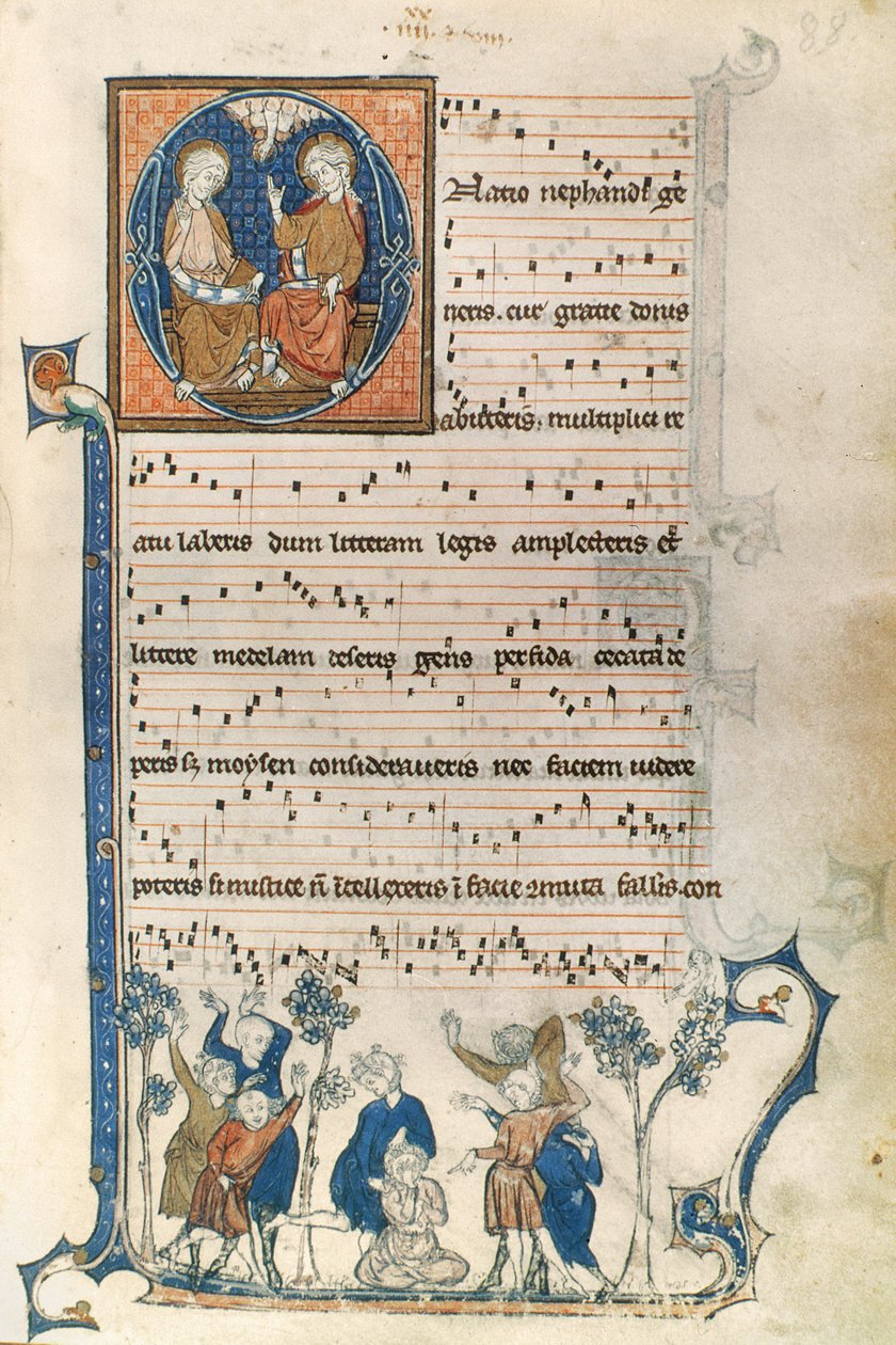 Página de um manuscrito para um cantor parisiense, com ilustrações da Santíssima Trindade e o jogo Blind Mans Bluff, c.1280-1315 de French School