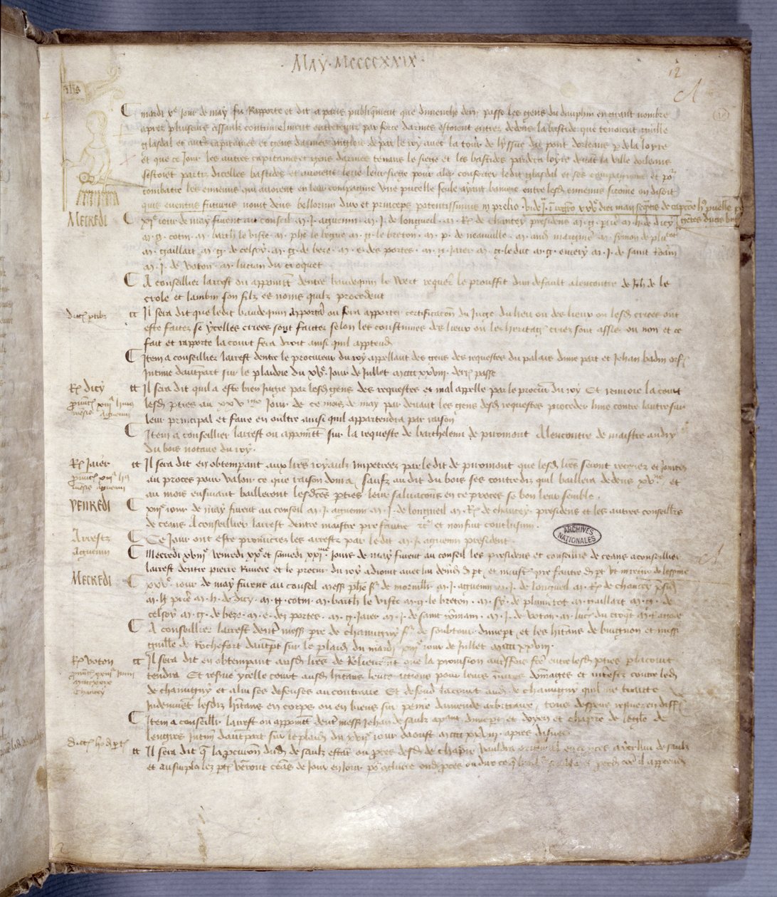 Página do Registro do Conselho do Parlamento de Paris representando Joana d&39;Arc (1412-31), 10 de maio de 1429 de French School