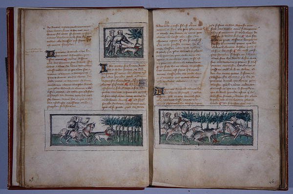 Páginas 57 e 58, de Le Livre du Roy Modus e de la Royne Racio, de Henri de Ferrières, c.1420 (caneta e tinta e wc sobre papel) de French School