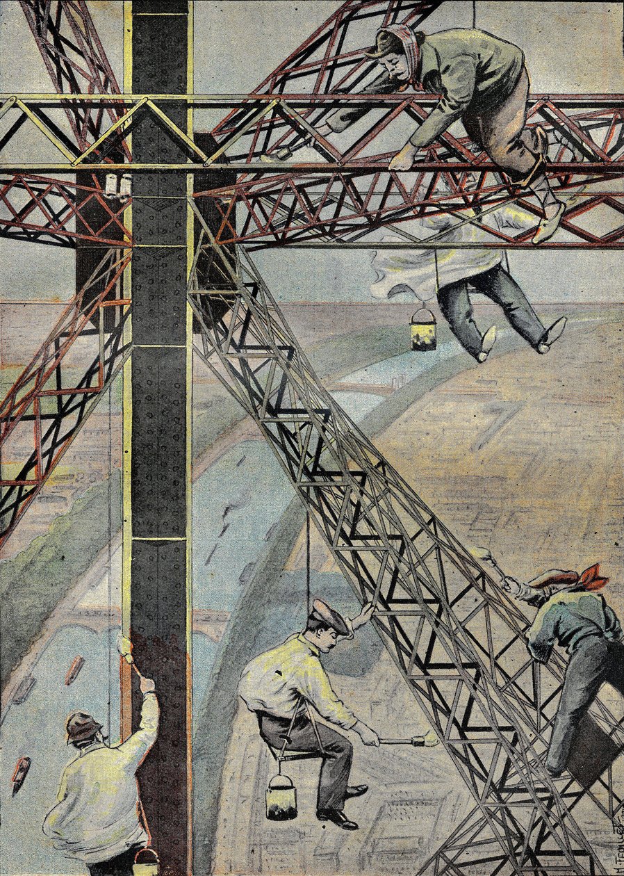 Pintores em trabalho, suspensos 200 metros acima de Paris, para pintar a Torre Eiffel em 1899. Gravura em "Le Pelerin" 16/07/1899. de French School
