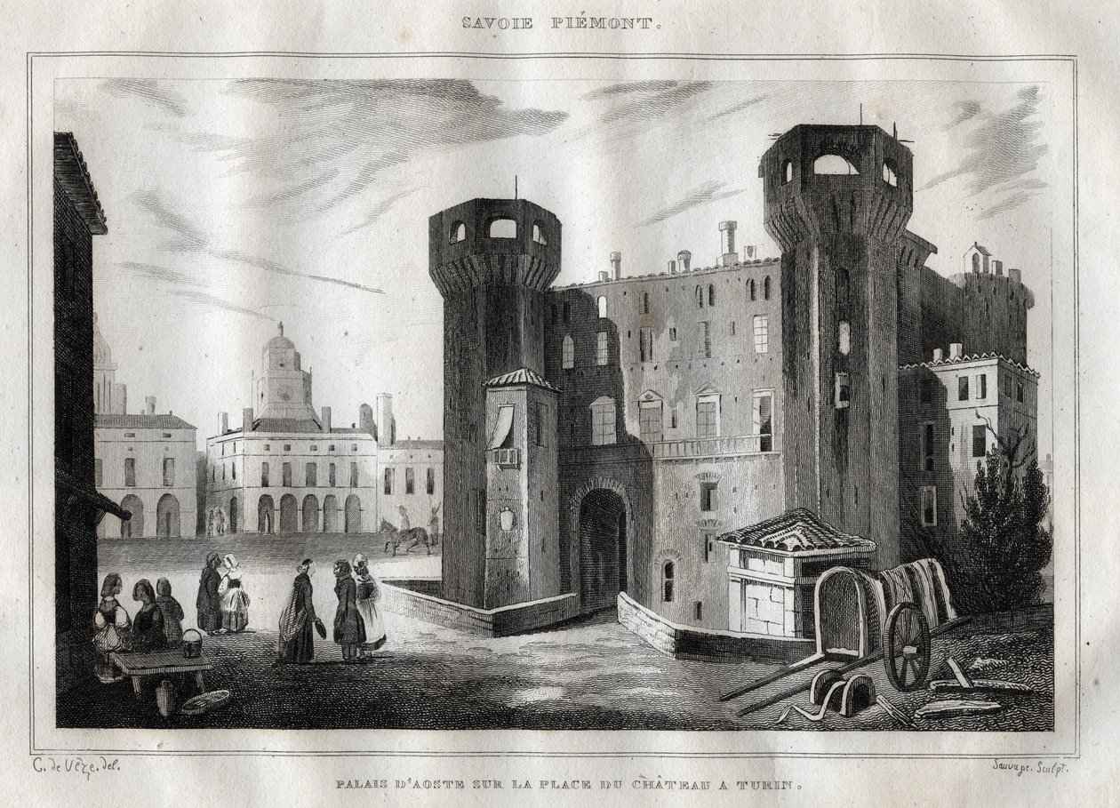 Palácio de Aosta na Place du Chateau em Turim - Gravura de "Itália Pitoresca" - Pintura Histórica e Descritiva da Itália" de M. de Norvins, Ch. Nodier 1834-1836. de French School
