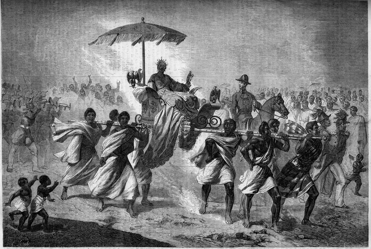 Palanquim Walk da Rainha de Madagascar Raboude (Rasoherina) (1818-1868), esposa de Radama II. Gravura em "Le Monde Illustré" n°303 de 31 de janeiro de French School