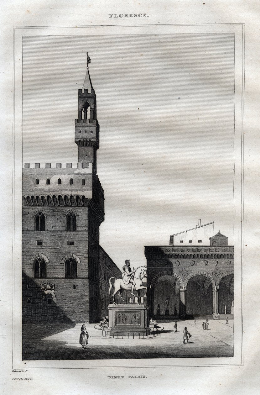 Palazzo vecchio em Florença - Piazza della Signoria - Gravura da "Pitoresca Itália" - Pintura histórica e descritiva da Itália" de M. de Norvins, Ch. Nodier 1834-1836. de French School
