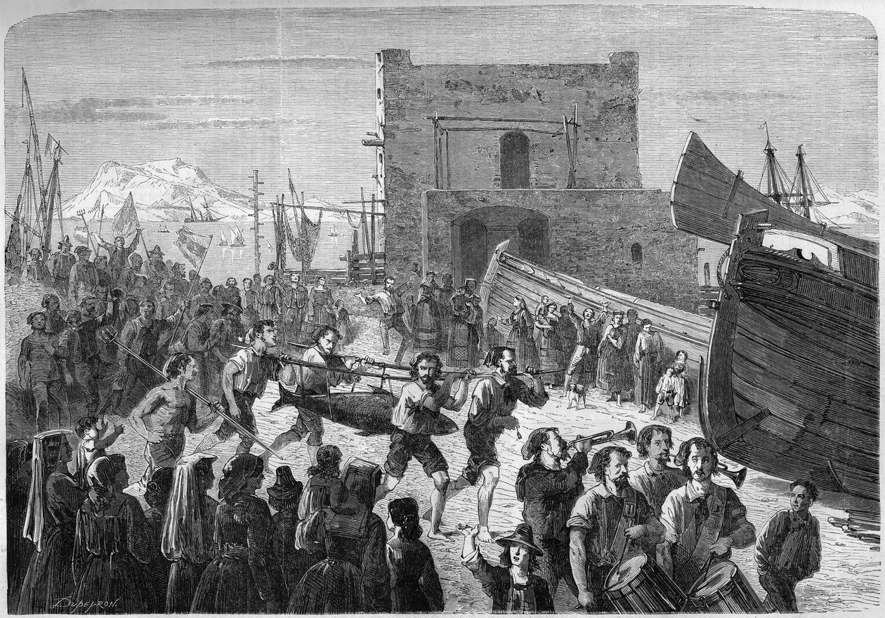 Pescadores de Palermo levando em triunfo o primeiro atum capturado na abertura da pescaria. Sicília, Itália de French School