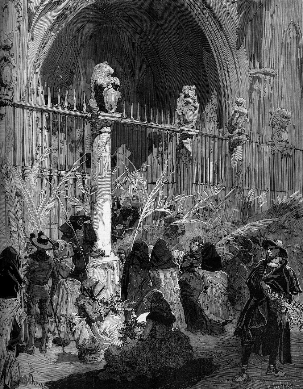 Domingo de Ramos em Espanha: venda de palmeiras beníticas em frente à catedral de Toledo. Gravura de Virgem em "O Mundo Ilustrado" n°1200 de 27 de Março de 1880. de French School