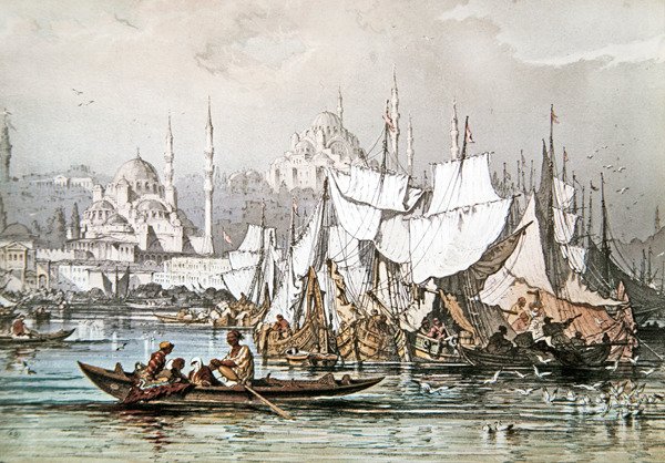 Panorama da navegação no porto de Constantinopla com a Mesquita Azul e a Haghia Sophia de French School