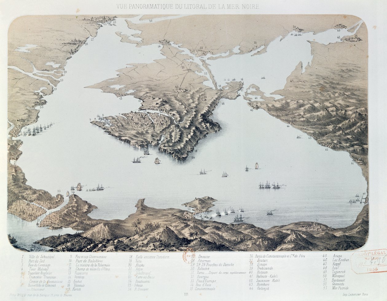 Vista panorâmica e plano de Sevastopol e da costa do Mar Negro na época da Guerra da Criméia, 1855 de French School