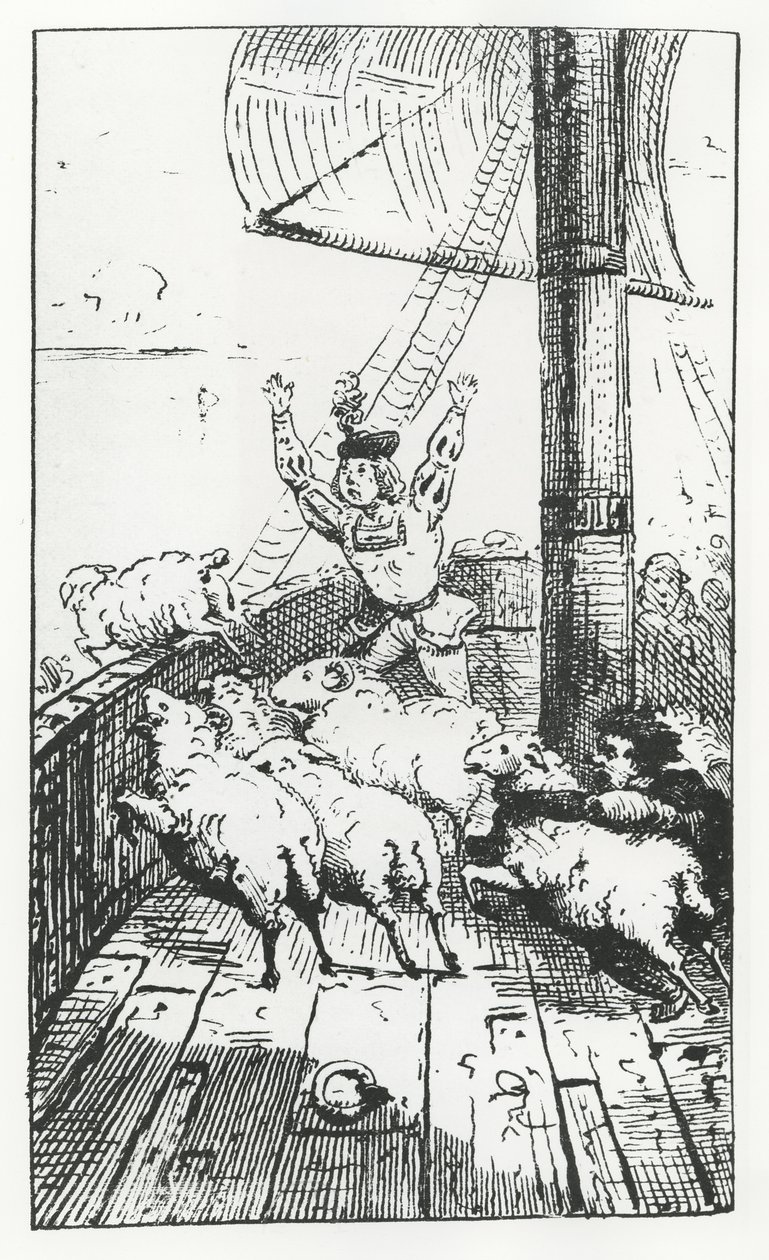 Ovelhas de Panurge, ilustração de &39;Gargantua and Pantagruel&39;, de François Rabelais (gravura) de French School