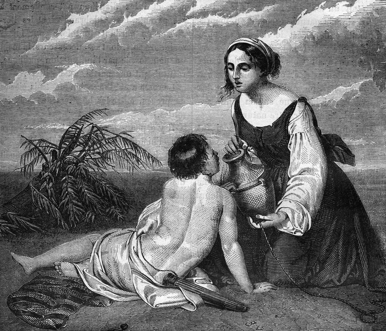Roma papal: Agar, servo de Abraão, gerou um filho para ele, cuja esposa Sarai não pode ter filhos. Ela será caçada no deserto com a criança e encontrará água graças a um anjo. Gravando em "A história da prostituição e do deboche entre todos os povos de French School