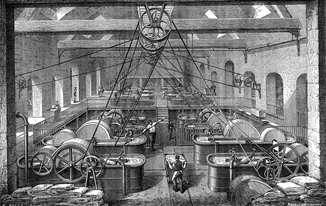 Indústria do papel: oficina de refinação e branqueamento da pasta de papel. Gravura de 1867 de French School