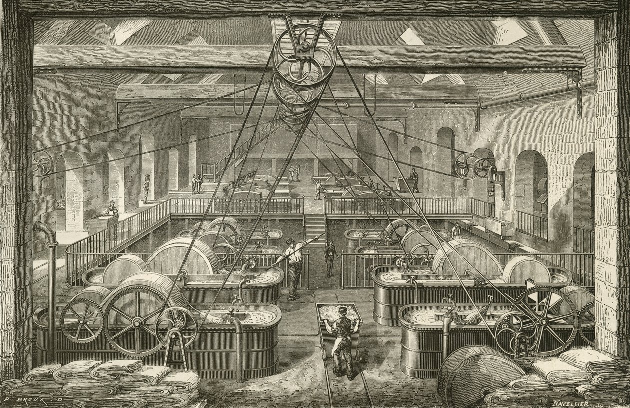 Fabrico de papel: pasta de trapo branqueador. Gravação c1870. de French School