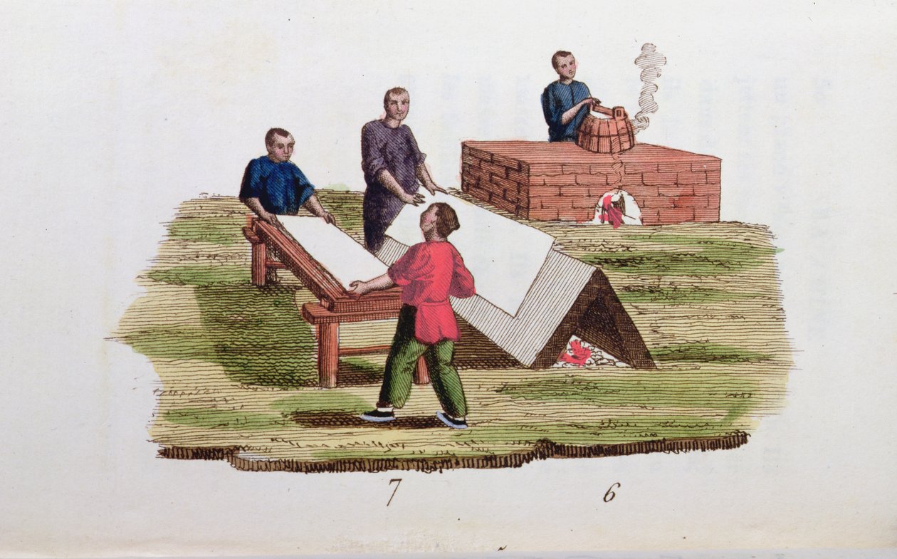 Fabricação de papel de bambu, de La Chine en Miniatures por M. Breton, publicado em Paris, 1811 de French School