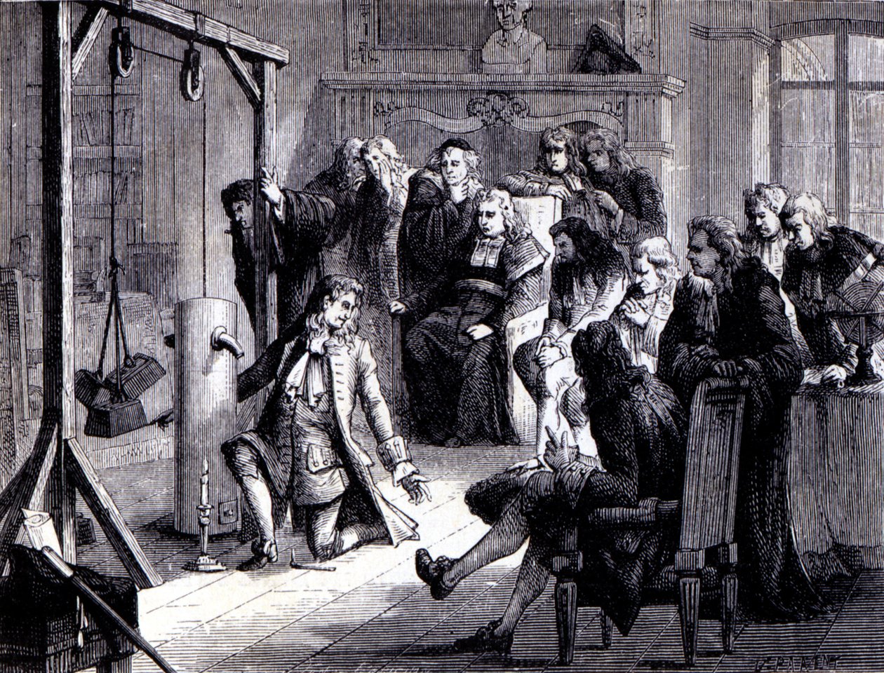 Papin (1647 - 1714) experimenta com sua máquina de pó diante dos professores da Universidade de Marburg - no "Álbum de Ciências; cientistas ilustres; Grandes descobertas" 1896. de French School