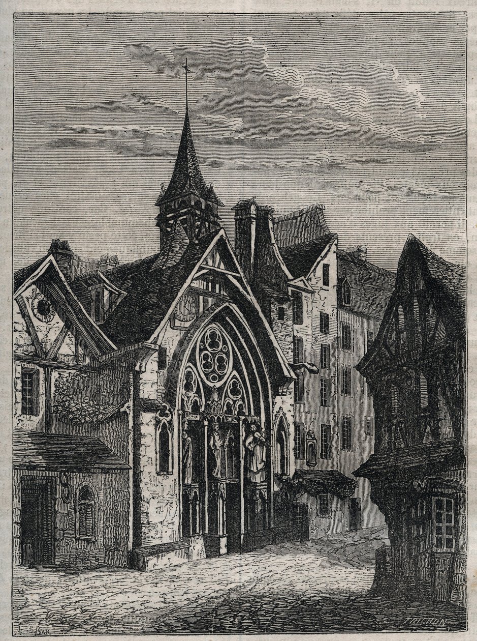 Paris - Rue Saint-Martin, igreja Saint-Julien-des-Menetriers (Saint Julien des Menetriers) Gravação em "História física, civil e moral de Paris: desde os primeiros tempos históricos até aos nossos dias" por Jacques Antoine Dulaure de French School