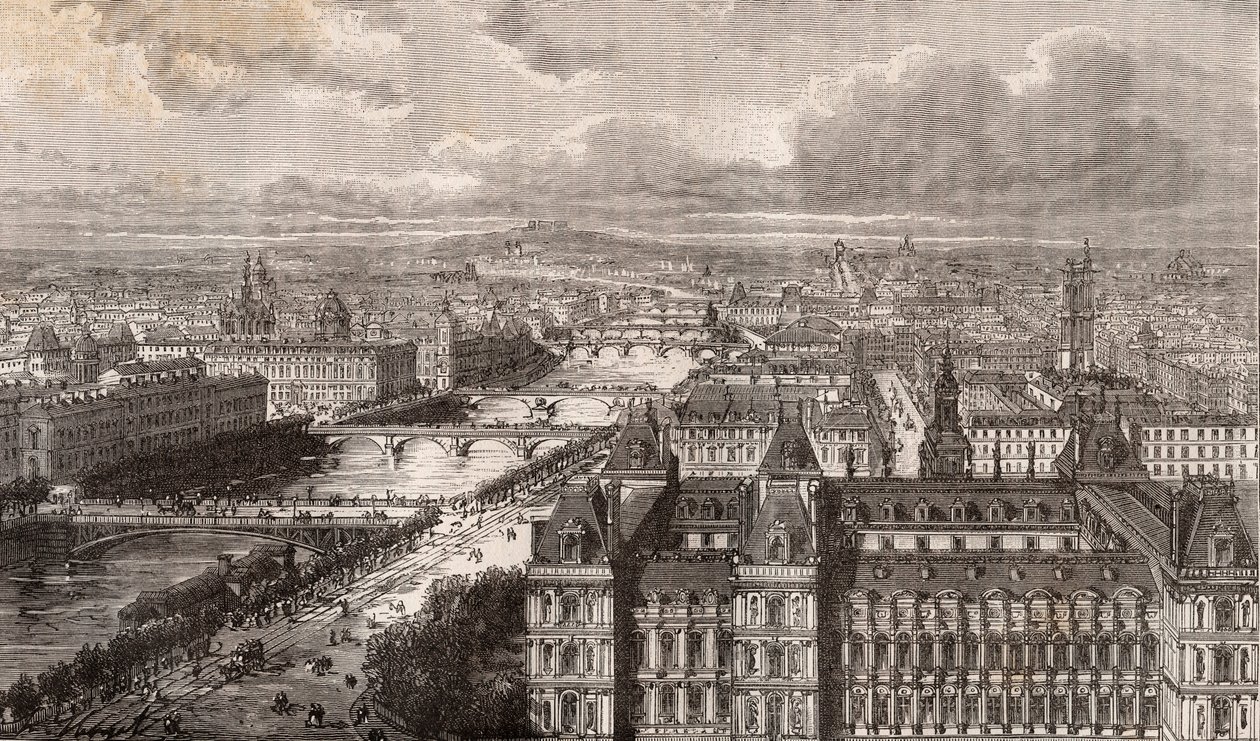 Paris - o Sena - as pontes - vista da torre Saint-Gervais - gravura em "La France illustree: geography, history, statistical administration" de V.-A. Malt-Brown. 1884 de French School