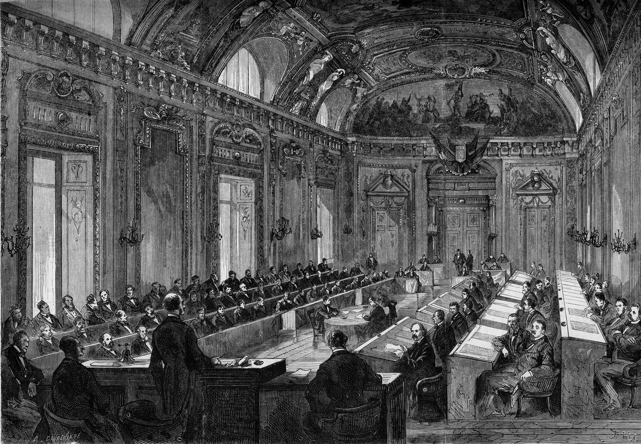 Paris, 4 de Agosto de 1871: primeira reunião do conselho municipal na Sala do Trono do Palácio do Luxemburgo. Gravura no "Le Monde Illustré" n°748 de 12 de Agosto de 1871. de French School