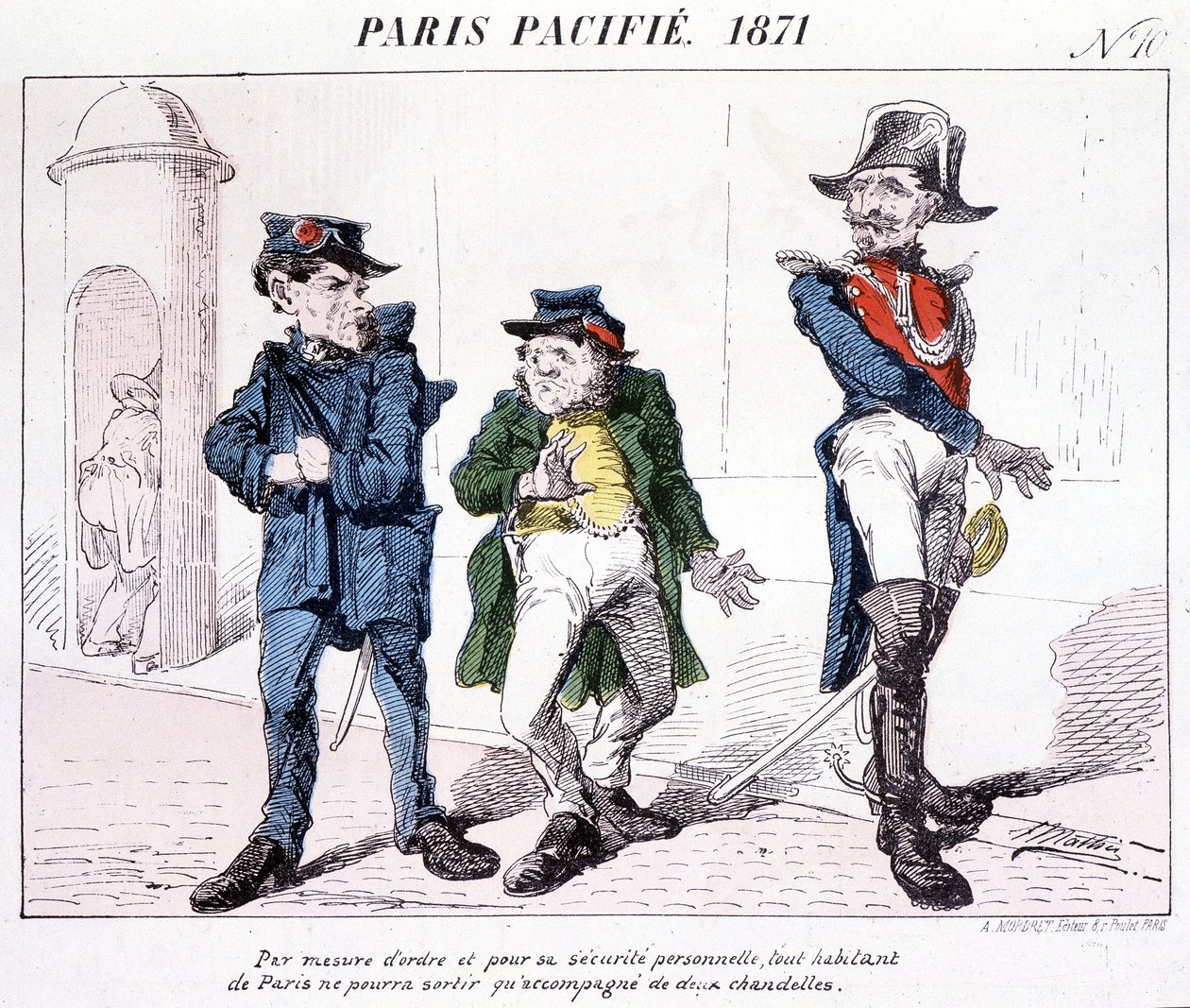 Paris Pacified 1871 - Como medida de ordem e segurança pessoal, cada residente de Paris só pode sair com duas velas. Desenho animado sobre a Comuna. de French School