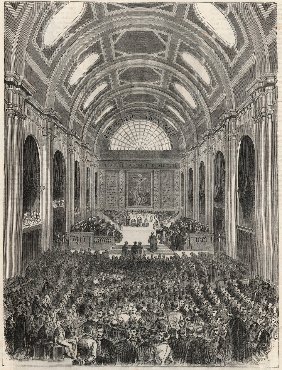 Paris, Palais de Justice - A Salle des pas perdus durante uma cerimónia oficial - Gravação em "Tableau-de-Paris" de Edmond Texier 1852 de French School