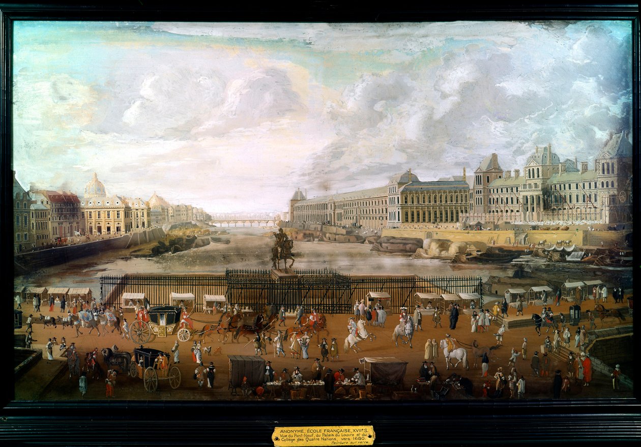 Paris, Vista do Pont-neuf (Pont neuf), do Palais du Louvre e do Colégio das Quatro Nações cerca de 1680 (óleo sobre tela) de French School
