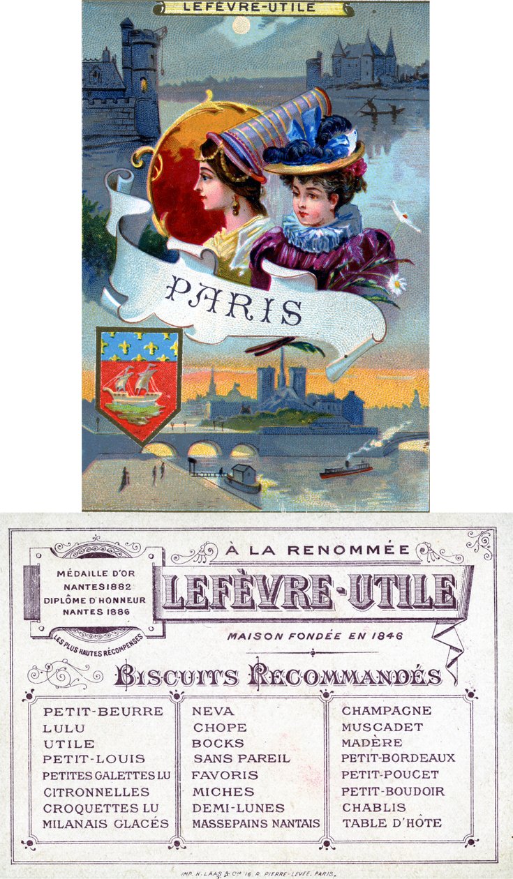 Paris, frente e verso de um cartão promocional para biscoitos Lefèvre-Utile (LU), final do século XIX de French School